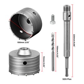 SALI Concrete Hole Saw Kits 4"（100mm） Tungsten Steel Wall Hole Cutter Drill Bit Sets with 220mm SDS Plus Shank Connecting Rod，100mm Center Positioning Drill Bits for Cement Wall Masonry Foam Brick
