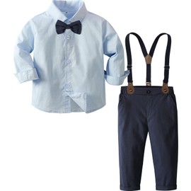 A&J DESIGN Ropa para Bebé Niño, Traje de Mangas Largas con Camisa, Pantalones y Tirante, Azul Marino, 5-6 Años