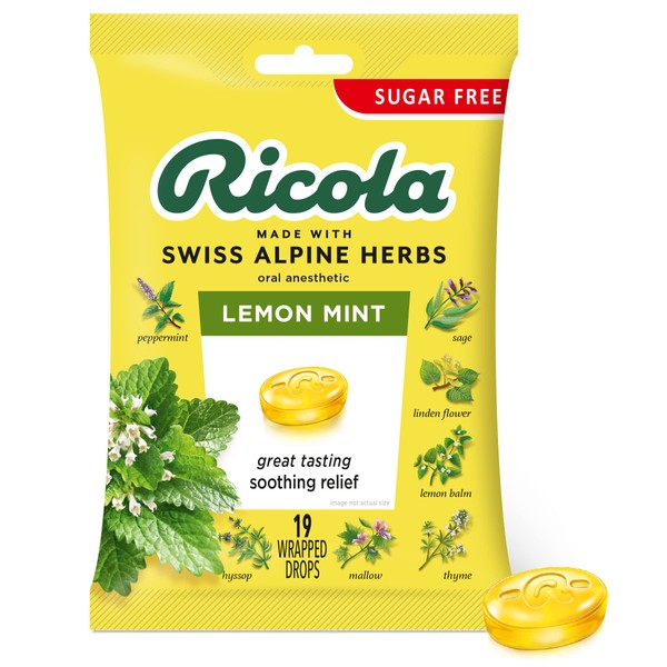Ricola Sugar Free Lemon Mint Herbal Cough Suppressant Throat Drops, 19ct Bag