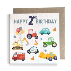 Second Ave 2nd Birthday Age 2 Children's Kids Baby Tractor Car Square Card For Boy or Girl Birthday