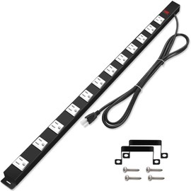 ANKO 12-Outlet Heavy Duty Workshop Metal Power Strip; 15-Foot Long Extension Cord; Mounting Brackets Included; ETL Certified (Black)