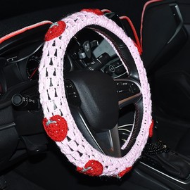 Blueshyhall Handmade Crochet Steering Wheel Cover, 14-15 inches Pink Strawberry Pattern Car Steering Wheel Cover, Auto Vintage Decor for Women Girl