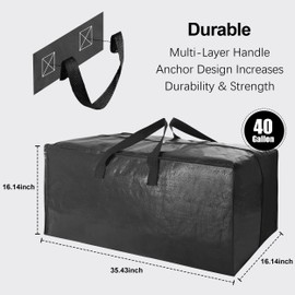 6 Pack Heavy Duty Extra Large Moving Bags W/Backpack Straps - Strong Handles & Zippers, Storage Totes For Space Saving, Fold Flat, Alternative to Box and Bin (40 gal, Black)