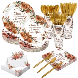Shellwei 410 Pcs Terracotta Floral Bridal Shower Decorations Fall Paper Plates and Napkins Set Disposable Party Tableware Sets with Cups Knives Forks Spoons Seat Card Favors for 50 Guests
