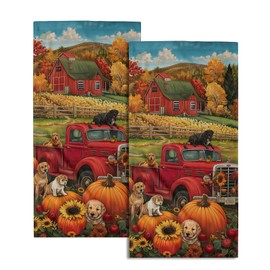 Giwawa Fall Farm Dogs Hand Towels Set of 2 Red Truck Decorative Dish Towel Soft Absorbent Seasonal Bath Towels for Bathroom Kitchen Spa Yoga