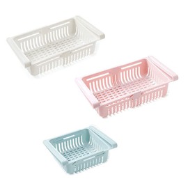 WDDP 3-Piece Set Extendable Fridge Organiser, Fridge Drawer Organiser, Adjustable Storage Shelf Fridge, Extendable Refrigerator Drawers, for Fridge, Table Top (White/Blue/Pink)