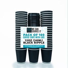 We Can Source It Ltd – 12oz Disposable Kraft Ripple Paper Cups with Black Lids – Insulated Black Paper Cups with 3 Ply Construction – for Tea, Coffee, Hot Drinks– 100Pc