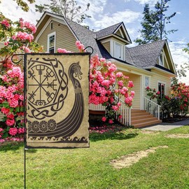 Outdoor Garden Flag, 12.5 x 18 Inches / 30 x 45 cm Flag, Legend Boat Warship of Vikings Drakkar Ancient Scandinavian Norse Runes Vintage Ship Double Sides Print, Home Decor Seasonal Yard Sign Banner
