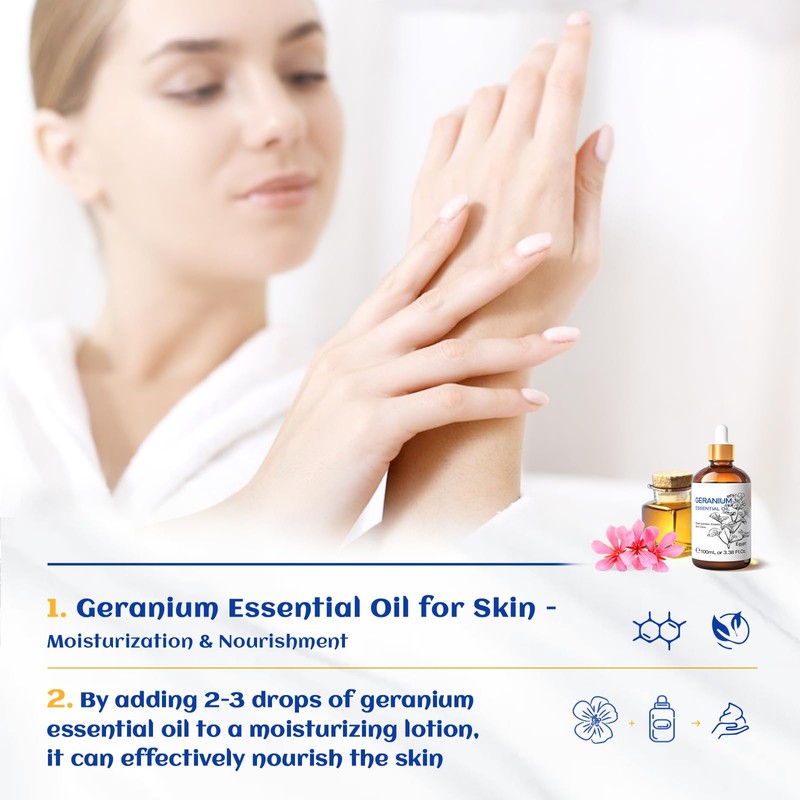 HIQILI 100ML Geranium Essential Oil for Skin, Diffuser & Candle,