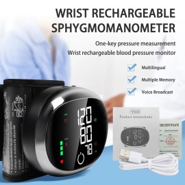 Digital Wrist Blood Pressure Monitor, Automatic BP Machine with Voice, Heart Rate & Touch LCD Screen, Rechargeable