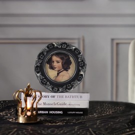 VINLIFE Small Vintage Picture Frames 3x3 Antique Ornate Mini Round Picture Frames for Wall Mount and Tabletop Victorian Home Decor Photo Gallery Art, Black and Gold, Round