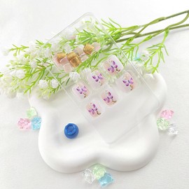 Square Press on Toenails Short False Toe Nails with Butterfly Rhinestone Pearl Design Gold Glitter Toenail Glue on White French Tip Toenails Stickers Light Pink Toe Nails Press ons for Girls 24Pcs