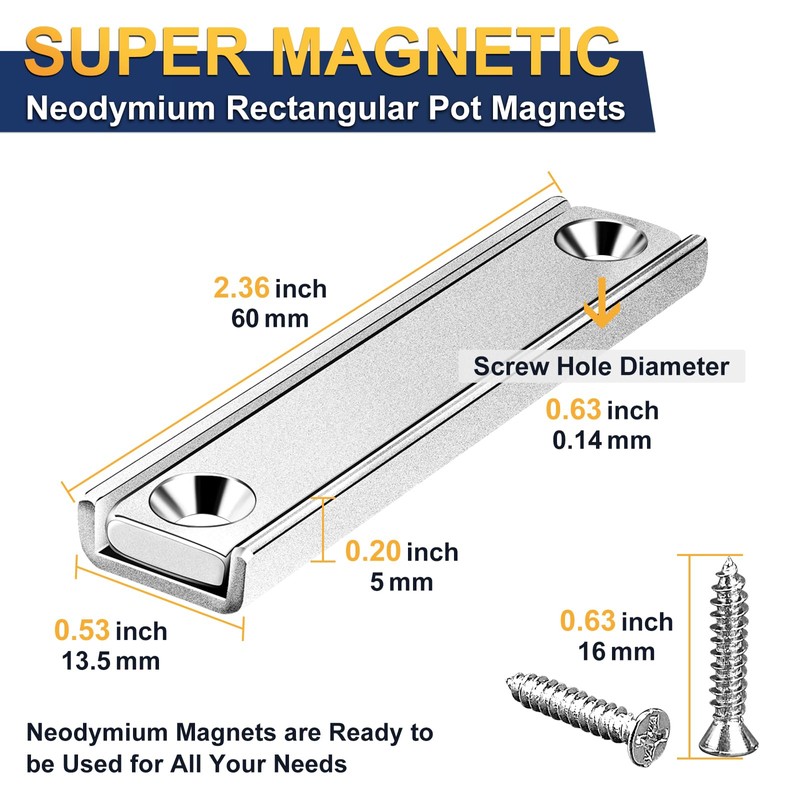 UCINNOVATE Neodymium Rectangular Pot Magnets with Counter Bore, 60x13.5x5mm Bar