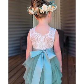 2Bunnies Girl Peony Lace Back A-Line Tiered Tutu Tulle Flower Girl Dress (Sage Sleeveless Short, 4T)