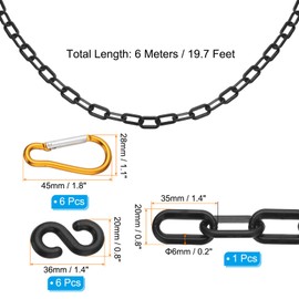 PATIKIL 20Ft Plastic Chain Barrier, Safety Link Chain with 6 S-Hooks and 6 Clips for Crowd Control at Driveway Elevator Parking Lot, Black