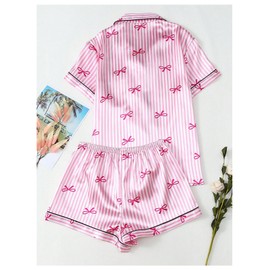 Verdusa Women's 2 Piece Silk Pajama Sets Satin Sleepwear Cute PJ Sets Button Up Shirt Shorts Lounge Set Pink Bow Large