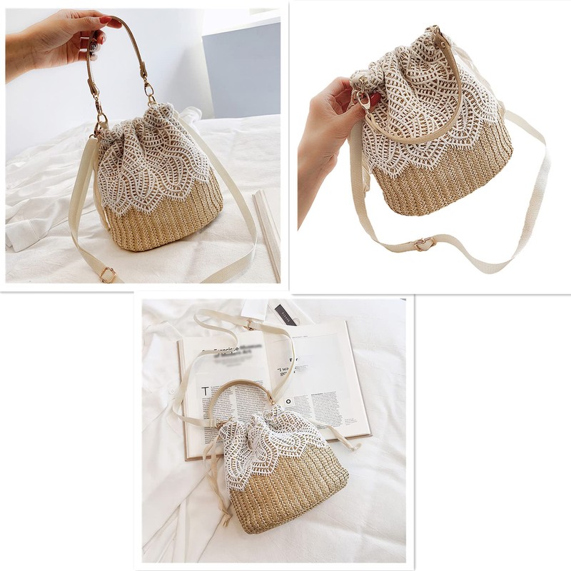 Anopo Straw Bag Shoulder Bag Wicker Women Bag Lace String