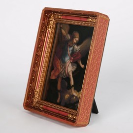 BC Catholic St. Michael Image 4x6 , Archangel Picture, with 7.6” H Vintage Tabletop Prayer Picture Frame for Small Catholic Images Home Decor, Religious Gift, Handpainted Antique Photo Frame by Buildclassic