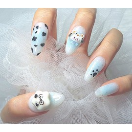 [In-store special discount] Light blue Cutie Pochaco handmade nail tips - Coffin Egg / [입점초특가할인]하늘색 큐티 포챠코 수제네일팁 - 코핀에그
