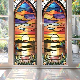 Sunset Stained Glass Window Film, Decorative Sunset Stained Glass Window Film, Sunset Stained Glass Window Film for Bathroom Door Heat Anti UV