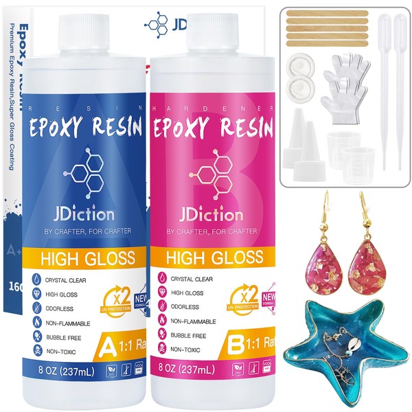 JDiction Epoxy Resin High Gloss - 16OZ Crystal Clear Epoxy Resin Kit, Upgrade Formula, Self Leveling Resin for Jewelry Making, Art, Coasters, Wood, Non-Toxic, UV Resistant, Easy1:1 Ratio