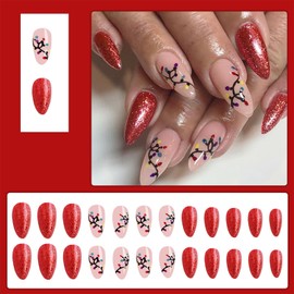 24Pcs Christmas Nails Press on Nails Medium Almond Shape Fake Nails with Red Winter Christmas False Nails Christmas Lights Designs Nails Press on Glossy Acrylic Full Cover Stick on Nails for Women