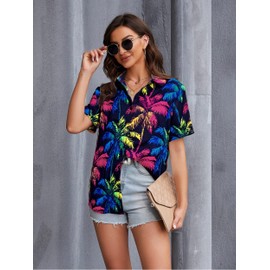 Hawaiian Shirts for Women Tropic Plam Tree Print Tees Beach Hawaii Tshirts Button Up Tee Tops Summer Vacation Short Sleeves Blue