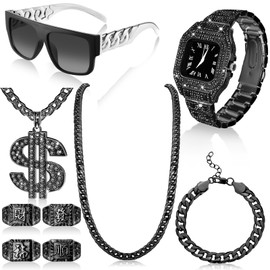 Equsion 9 Pcs Hip Hop Jewelry Set Dollar Sign Pendant Necklace Bracelet Diamond Watch Punk Sunglasses Lucky Rings for Men(Black,Square Dial)