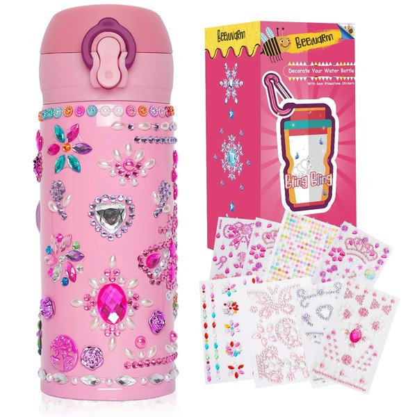 Gift for Girls Age 4-12, DIY Craft Kits for Girls, Water Bottle with Tons of Rhinestone Gem Stickers - 12 OZ BPA Free Stainless Steel Vacuum Insulated Mug - Perfect Size (Baby Girl Pink)