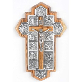 Olive Wood Crucifix - icon showing 14 Stations of the Cross etched on metal (14x9x1 cm or 5.5x3.5x.4 inch)