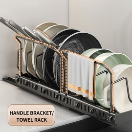 Xonusin 2 Pack Pots and Pans Organizer Under Cabinet with 10 Adjustable Dividers & Handle Bracket, Expandable Pull Out Cabinet Organizer for Kitchen, Slide Out Pot and Pan Holder Storage