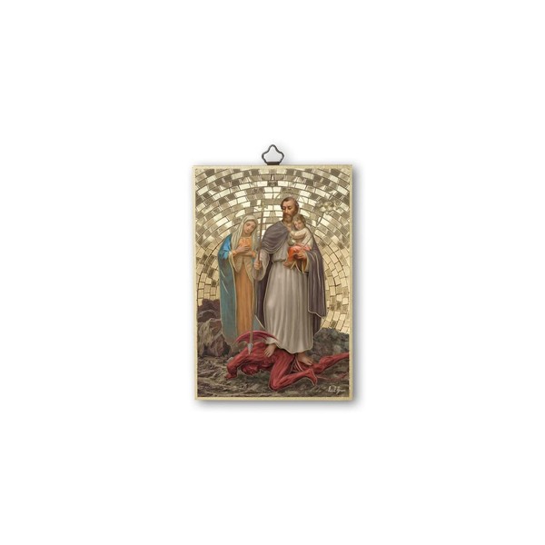 Fratelli Bonella Saint Picture on MDF Poplar Wood 8 mm with Mosaic Foil Made of Gold Foil by St. Josef Protection of the Holy Family with Prayer Chain on the Back 10 x 15 cm Made in Italy