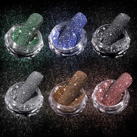 MKNZOME 6 Farben Glitzer Nagelpulver, 1g Glitzerpuder für Nägel Nail Art Silber Gold Grün Lila Rosa Blau Nageldesign für DIY Nagelkunst Maniküre Festival Party, mit 1 Doppelseitigen Schwammstäbchen