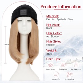 S-noilite Beanie Wig Hair Extensions,11 Inch Short Straight Hair Extensions with Knitted Hat Hairpieces for Women Girls Winter Ash Blonde