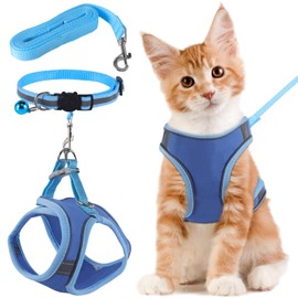 FIHODONE Cat Harness with Cat Lead, Cat Collar, Cat Harness with Lead, Escape Proof, Cat Harness Adjustable, Cat Lead with Harness for Cats, Orange with Reflective Strips (L, Blue)