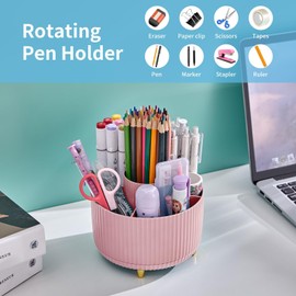 Marbrasse Desk Organiser,360-Degree Rotating Pen Holder for Desk,Desk Organisers and Accessories with 5 Compartments Pencil Organiser, Organisers Storage Box Caddy for Office,Home (Pink)