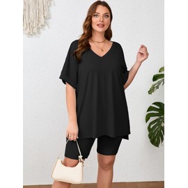 AusLook Plus Workout Sets for Women 2 Piece Sets Short Sleeve Tops and High Waist Leggings Gym Yoga Outfits Fitness Sportswear Tracksuits Lounge Pajamas Matching Set Black 4X