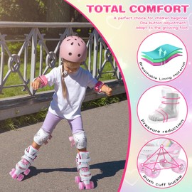 Kids Roller Skates for Ages 5-8/8-12/6-12, 4 Size Adjustable Rainbow Girls Roller Skates with Light Up Wheels, Toddler Roller Skates for Girls Boys, Beginner Kids Roller Skates Indoor (Pink, Medium)