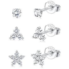 Sllaiss 925 Sterling Silver Stud Earrings for Women 3 Pairs Silver Flower Cubic Zirconia Small Stud Earrings Hypoallergenic Earrings Studs Set Tiny Cartilage Earrings (SILVER)