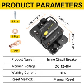 DMiotech 30A Circuit Breaker, 12-48V DC Automotive Inline Fuse Holders Inverter with Manual Reset Button Wire Lugs Washer Screws for Car Marine Boat Audio System Overload Protection