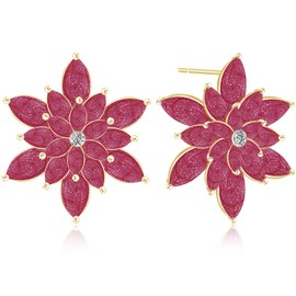 JIMARIN Cute Dainty Enamel Snowflake Stud Earrings for Women Sparkly Crystal 3D Stereoscopic Gold Flower Dangle Drop Earrings Xmas Holiday Christmas (Red)