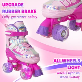 MammyGol Roller Skates for Kids Boys Girls, Adjustable Quad Skates with Light Up Wheels for Toddler Big Kids Ages 6-12 Size 3 4 5 6, Beginners Outdoor Sports, Rose Red