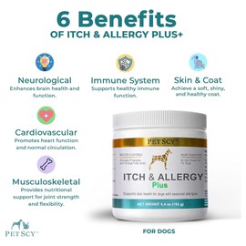 PetScy Itch & Allergy Plus Chews for Dogs Itchy Skin, Ears & Paws | Probiotics, Moringa & Turmeric | Dog Allergy Relief for Skin Redness, Hair Loss Gut & Digestive Health - Bacon Flavor - 60 Chews