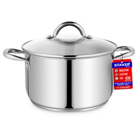 Stainless Steel Stockpot with Tempered Glass Lid 5 Quart, Durable 18/0 Stainless Steel, Impact-Bonded Base for Even Heating, Riveted Handles, Oven & All Stove Compatible, Safe Up To 500°F (260°C)