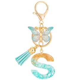 MWOOT Cute Initial Letter S Keyrings Green Key Ring,Capital Alphabet Gold Foil Resin Keychain Charm with Butterfly Tassel Pendant,Fashion Key Chain for Women Adult Gift Purse Bag Handbag Decor(S)