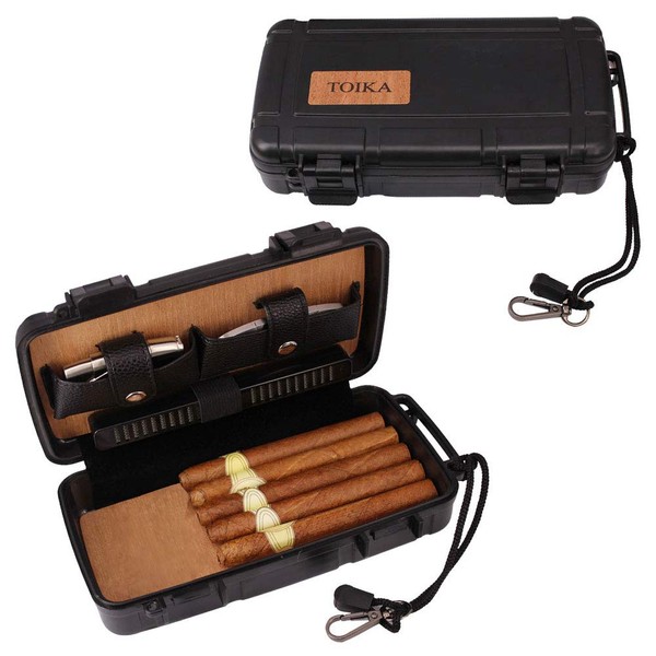 TOIKA Durable Travel Cigar Humidor Case with Cutter and Lighter Gift Set - Waterproof, Airtight ,Rugged, Crushproof -Holds up to 5 Cigars (Black)