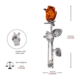 Women's Brooch, 925 Silver Oxidised, Amber Roslein Hand Carved, Small Silver Brooch with Amber Rose in Cognac Colour, 3 g, Sterling Silver, Amber