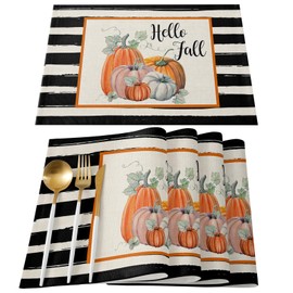 BIPASION Fall Placemats, Thanksgiving Placemats for Dining Table Set of 4, Autumn Washable Table Place Mats, Pumpkin Kitchen Table Mats for Indoors & Outdoors Holiday Decor, Black Stripe Pumpkin