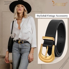 JASGOOD Women's Western Belt Vintage Faux Leather Waist Belt for Pants Jeans with Gold Buckle,Black