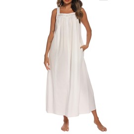 YOZLY Cotton Nightgowns for Women Embroidery Sleeveless Night Gown with Pockets, White, Small